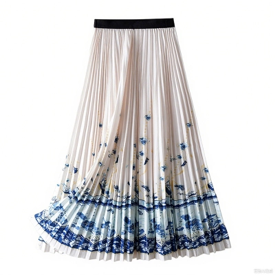 Flowy Slim - fitting Chinese - style Pleated Long Skirt 02