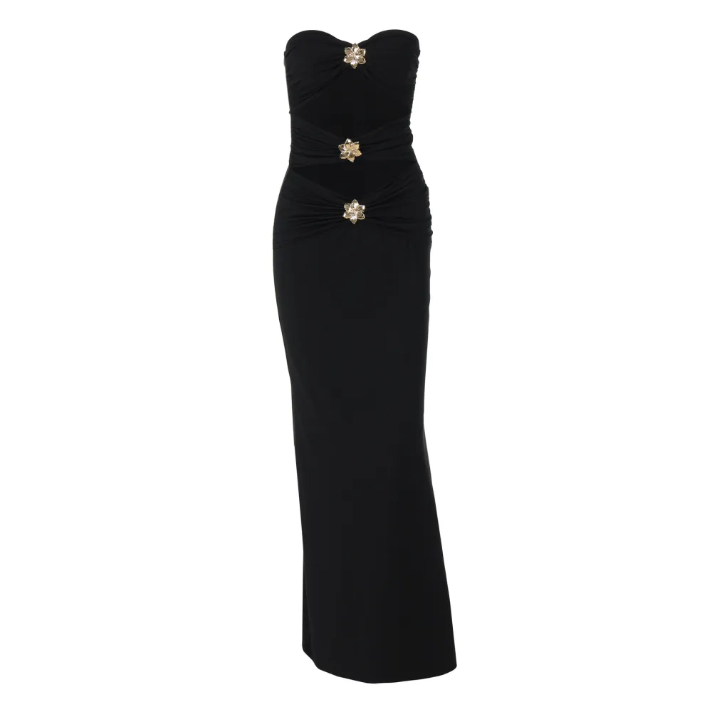 Sleeveless Ruched Long Dress with Metal Accents