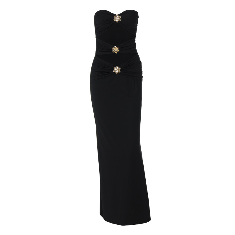 Sleeveless Ruched Long Dress with Metal Accents