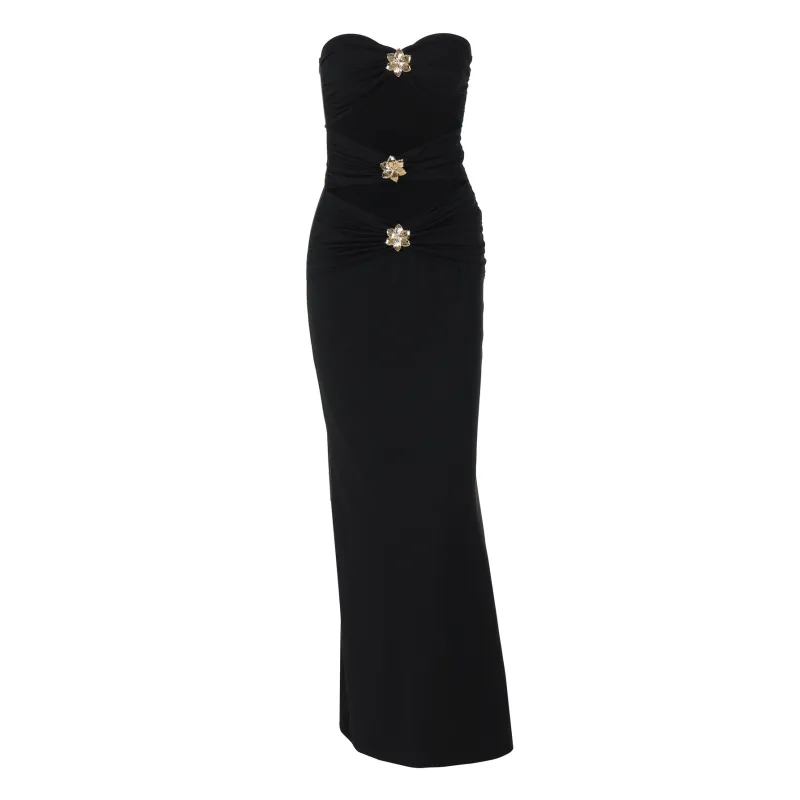 Sleeveless Ruched Long Dress with Metal Accents
