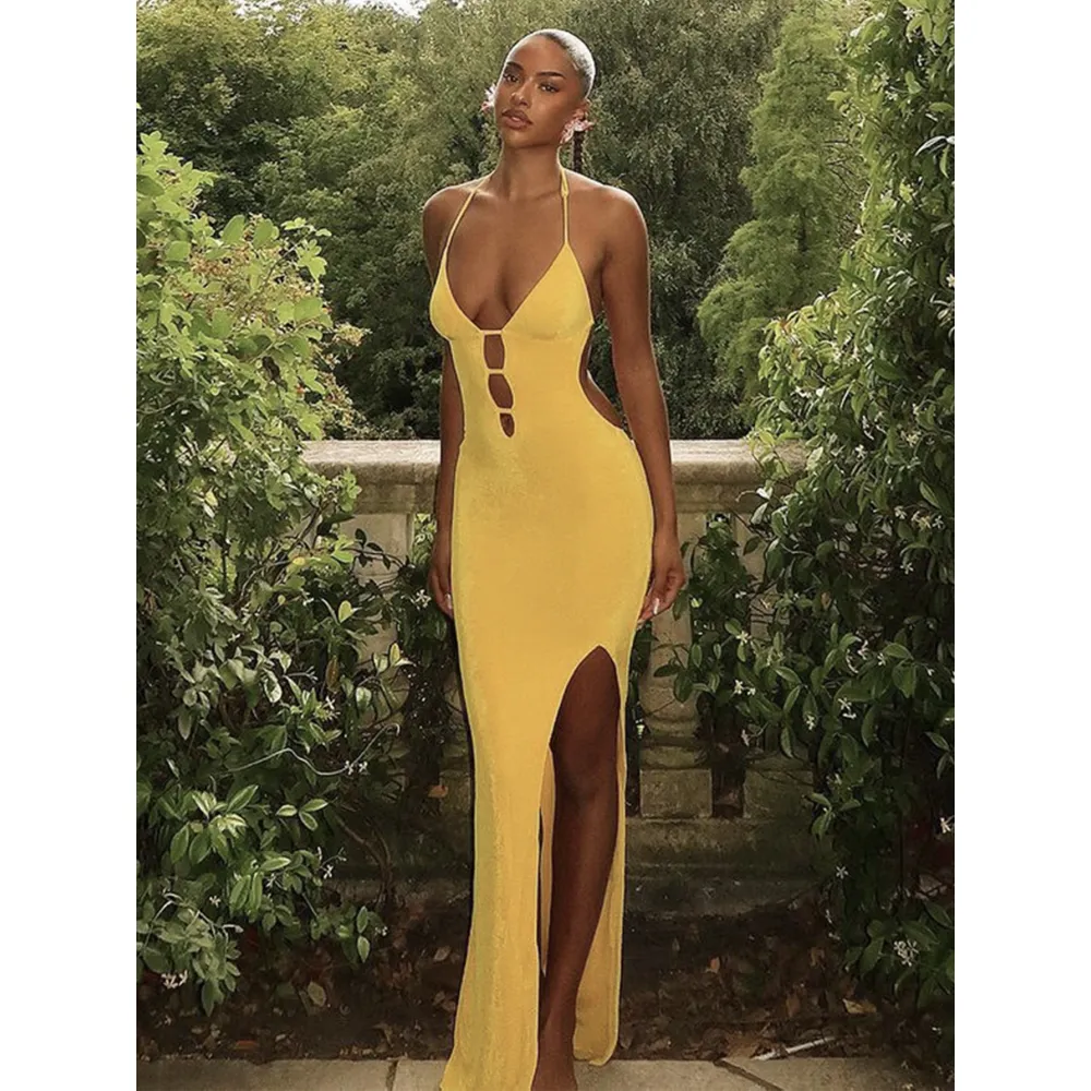 Backless V - Neck Slim Fit Solid Color Long Off - the - Shoulder Dress 