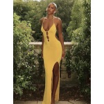 Backless V - Neck Slim Fit Solid Color Long Off - the - Shoulder Dress 