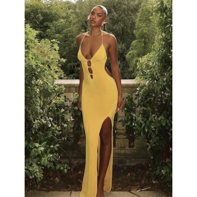 Backless V - Neck Slim Fit Solid Color Long Off - the - Shoulder Dress  02