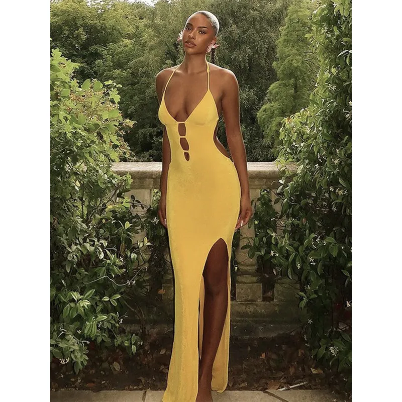 Backless V - Neck Slim Fit Solid Color Long Off - the - Shoulder Dress 