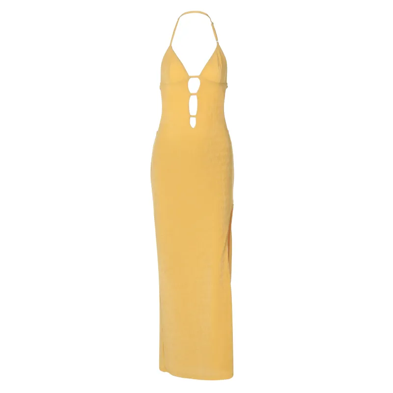 Backless V - Neck Slim Fit Solid Color Long Off - the - Shoulder Dress 