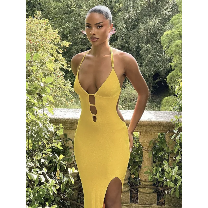 Backless V - Neck Slim Fit Solid Color Long Off - the - Shoulder Dress 