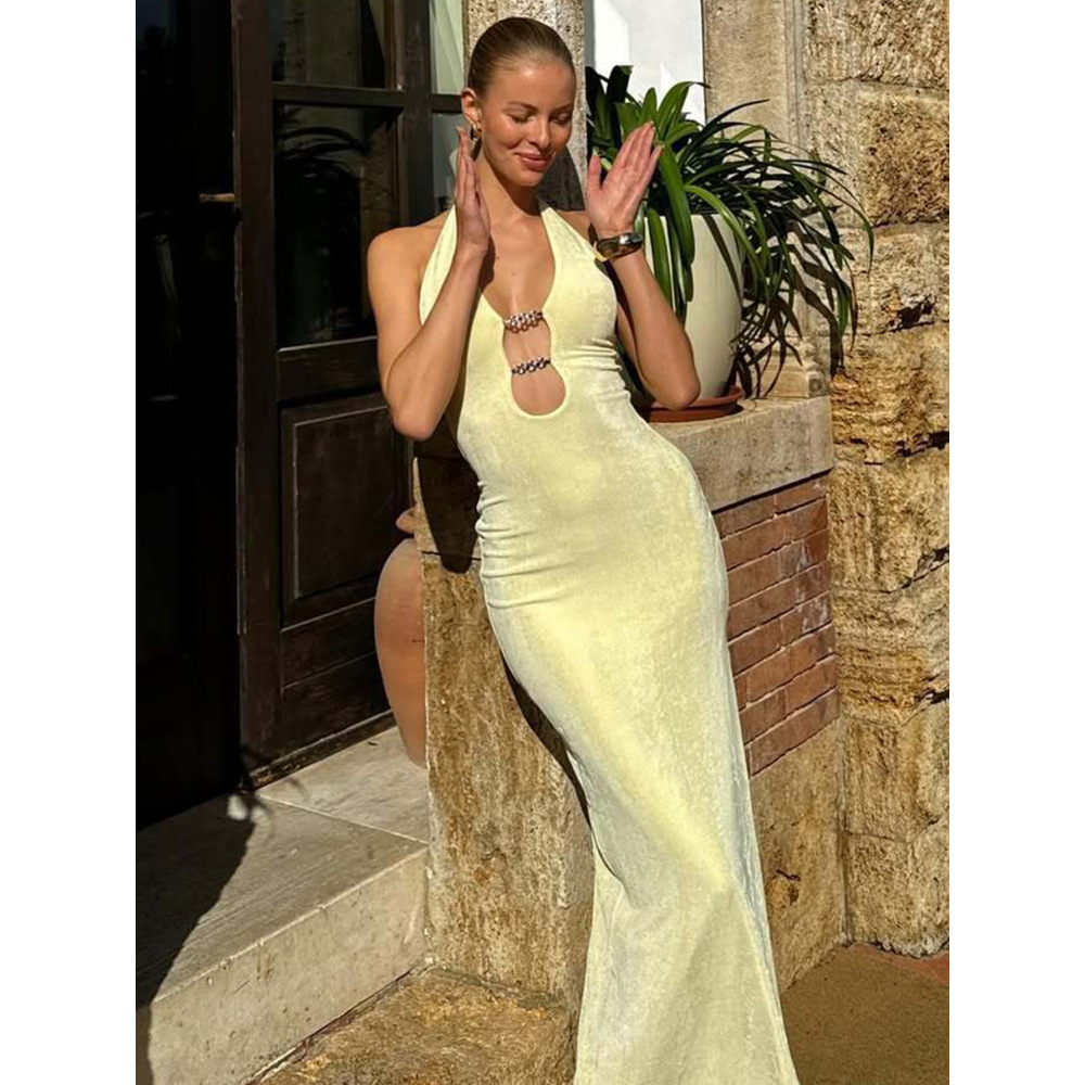 Chain - Embellished Fitted Split Halter Dress