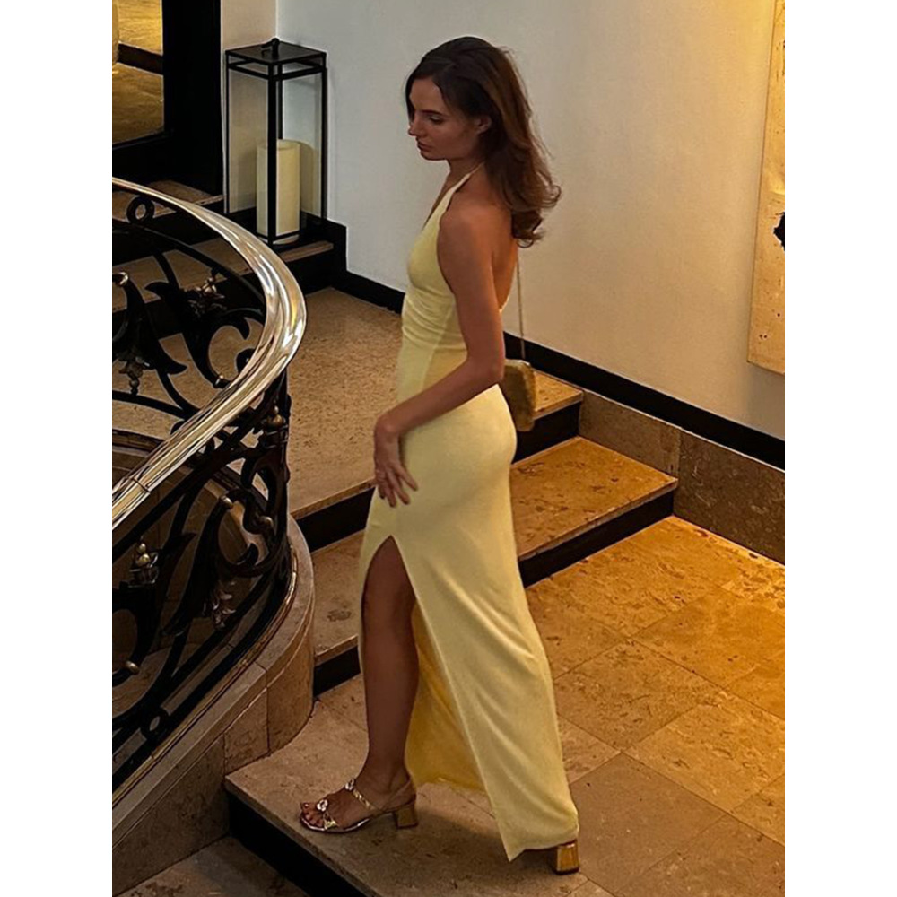 Chain - Embellished Fitted Split Halter Dress