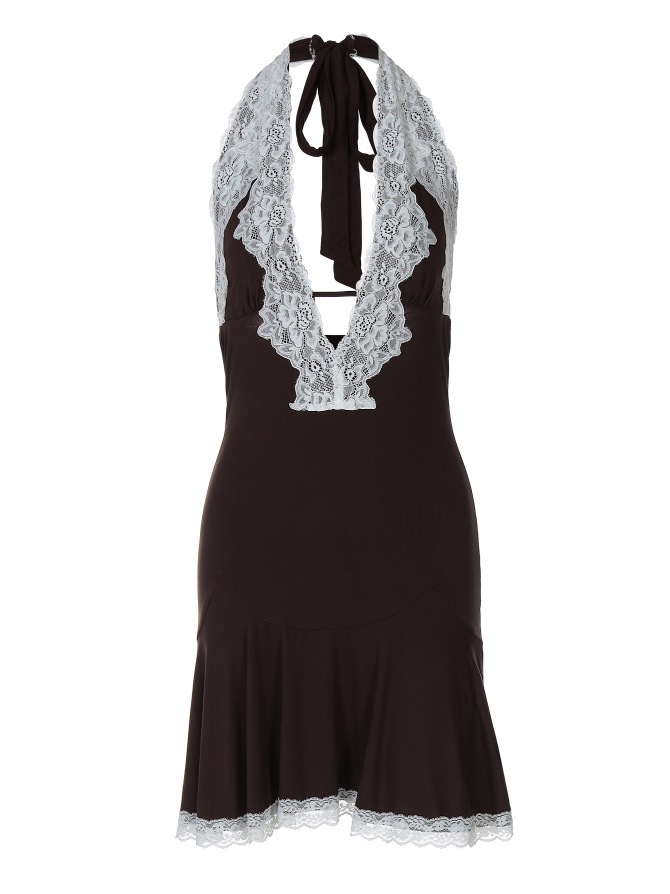 Deep - V Cutout Lace - Trimmed Short Backless Halter Dress