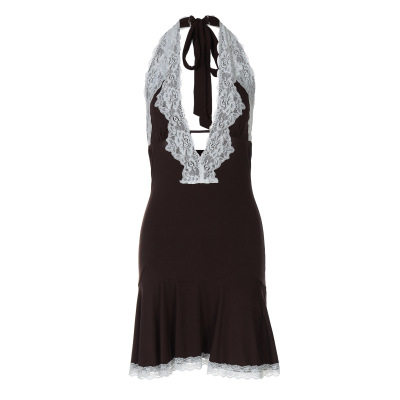 Deep - V Cutout Lace - Trimmed Short Backless Halter Dress 01