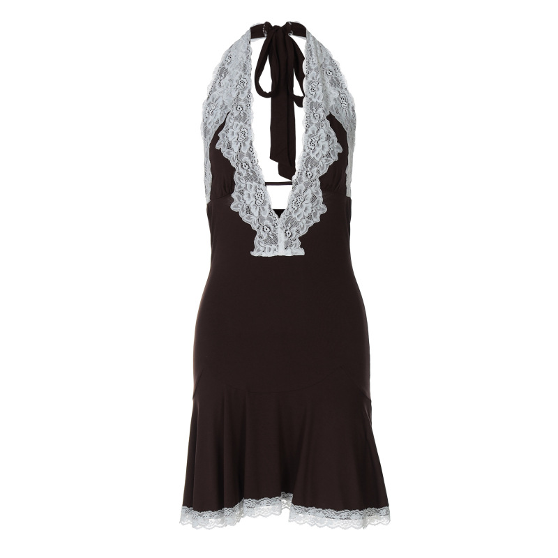 Deep - V Cutout Lace - Trimmed Short Backless Halter Dress
