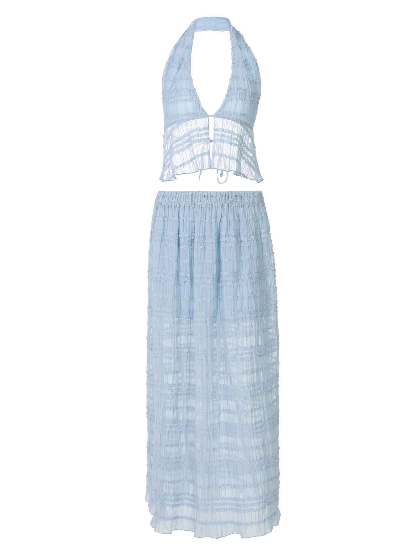 Embroidered Lace - Spliced See - Through Loose Pleated Set 