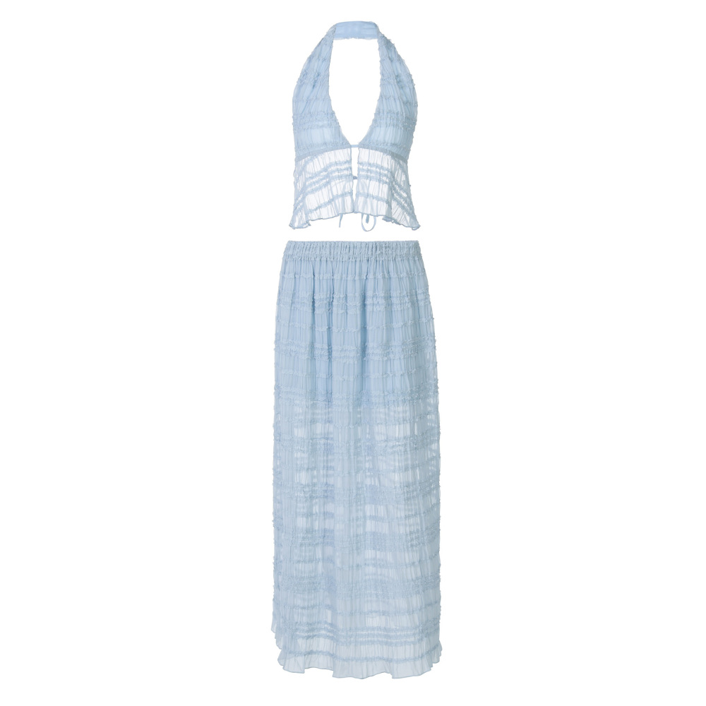 Embroidered Lace - Spliced See - Through Loose Pleated Set 