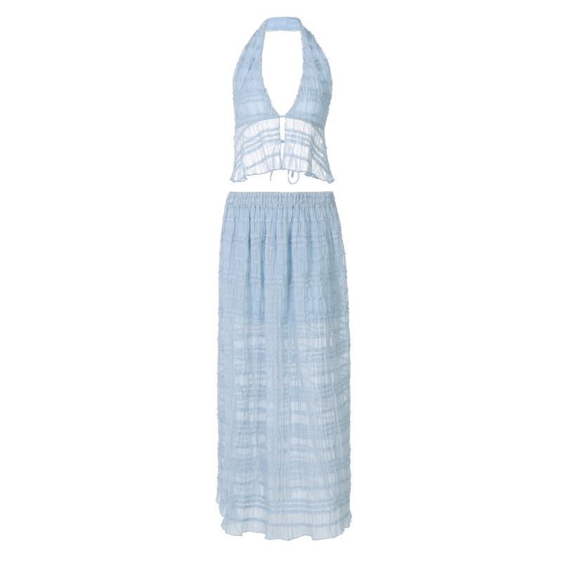 Embroidered Lace - Spliced See - Through Loose Pleated Set 
