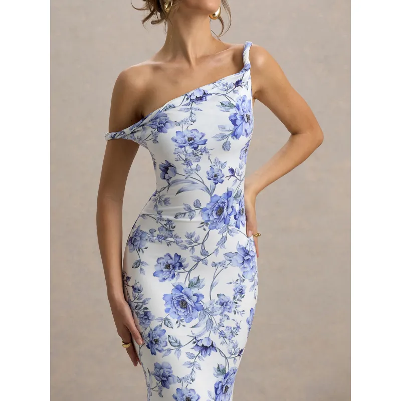 Floral Print One - Shoulder Knot Slim Maxi Dress
