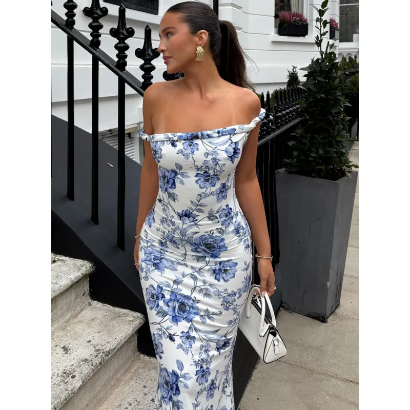Floral Print One - Shoulder Knot Slim Maxi Dress