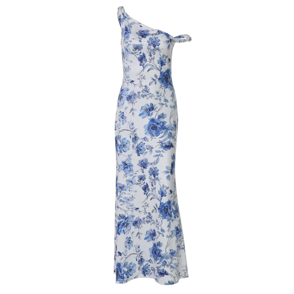 Floral Print One - Shoulder Knot Slim Maxi Dress