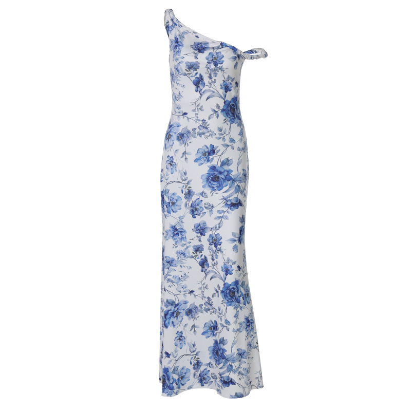 Floral Print One - Shoulder Knot Slim Maxi Dress