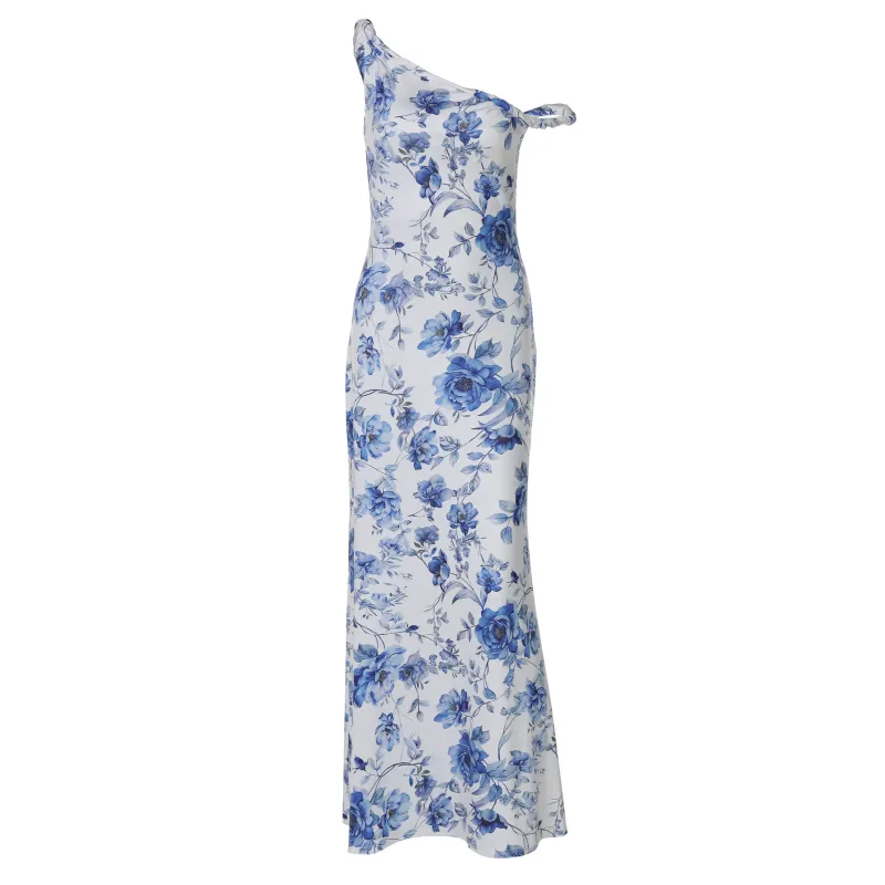 Floral Print One - Shoulder Knot Slim Maxi Dress