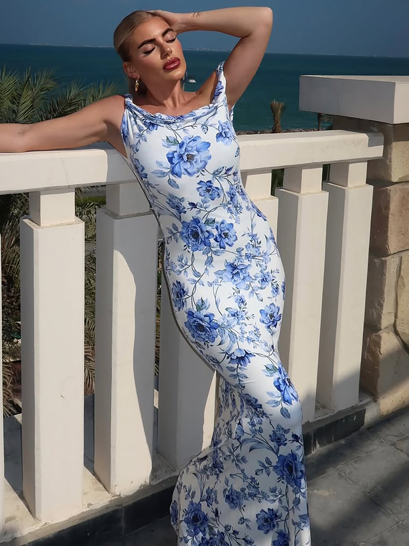 Floral Print One - Shoulder Knot Slim Maxi Dress
