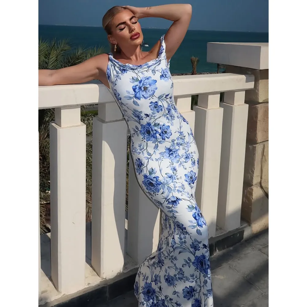 Floral Print One - Shoulder Knot Slim Maxi Dress