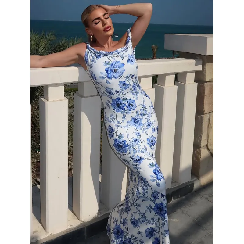 Floral Print One - Shoulder Knot Slim Maxi Dress