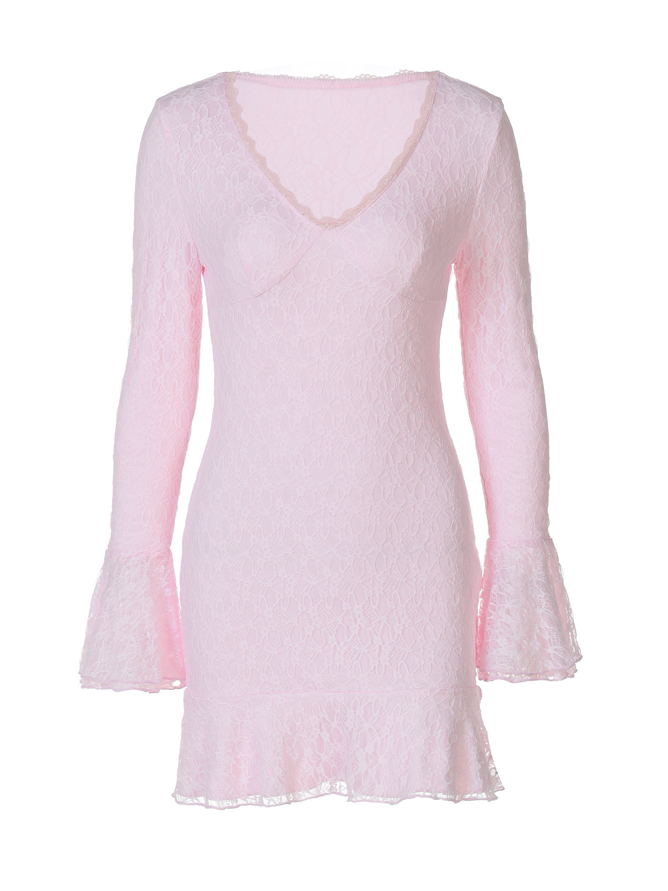 Lace Petal Long - Sleeve Fitted Short Bodycon Dress