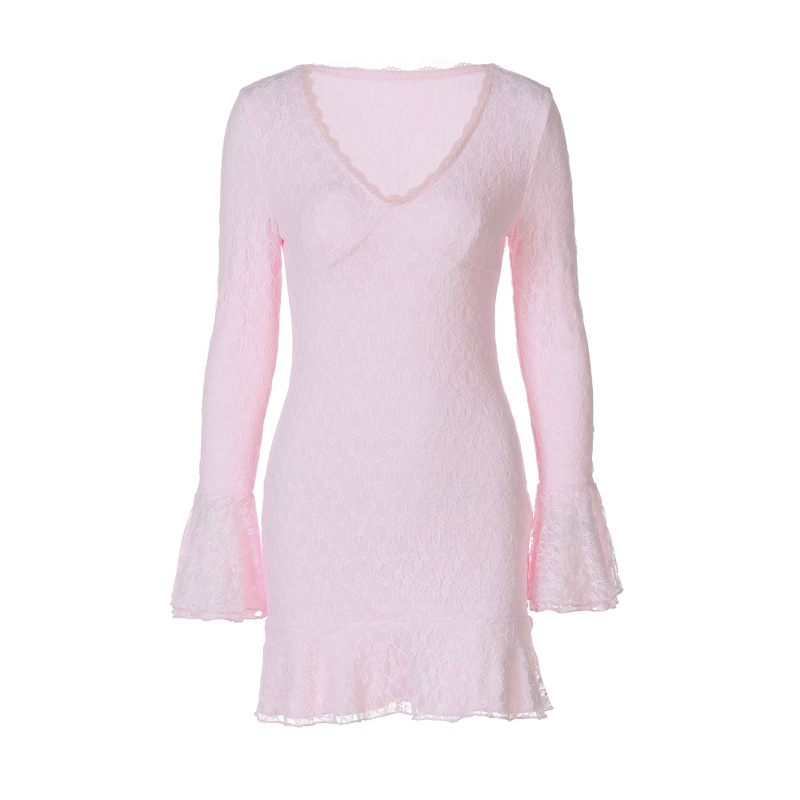 Lace Petal Long - Sleeve Fitted Short Bodycon Dress