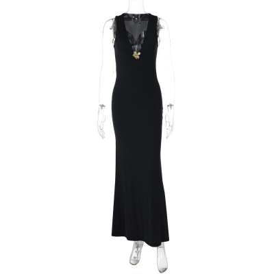 Metallic Flower - Embellished V - Neck Slim Fit Solid Color Bustier Dress 02