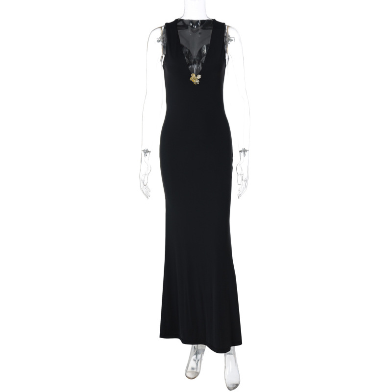 Metallic Flower - Embellished V - Neck Slim Fit Solid Color Bustier Dress