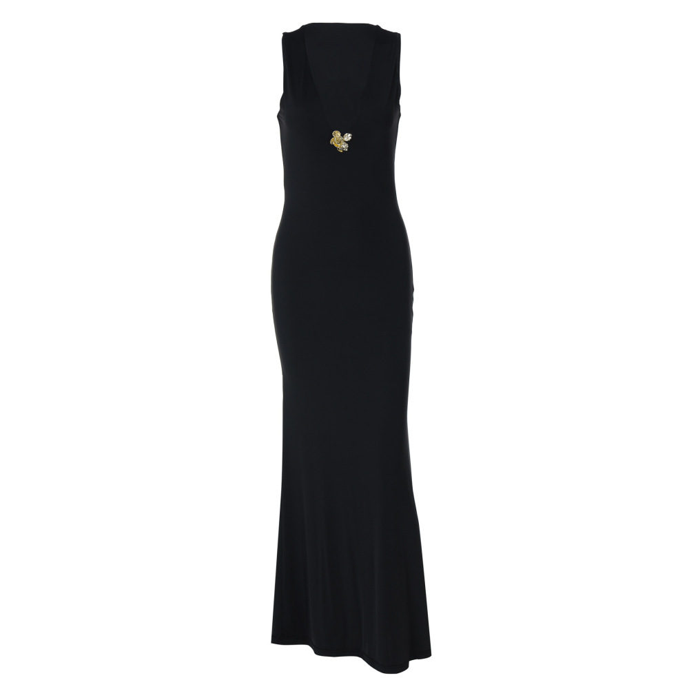 Metallic Flower - Embellished V - Neck Slim Fit Solid Color Bustier Dress