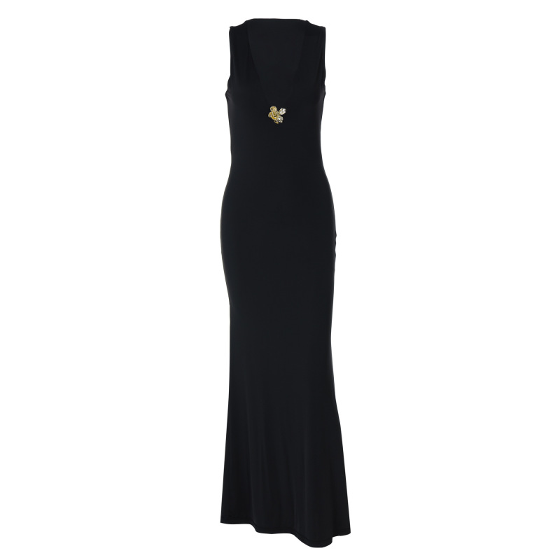 Metallic Flower - Embellished V - Neck Slim Fit Solid Color Bustier Dress