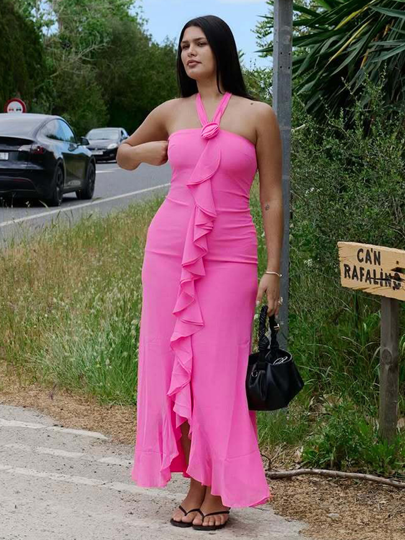 Net Mesh Ruffle Neckline Floral Dress