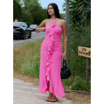 Net Mesh Ruffle Neckline Floral Dress