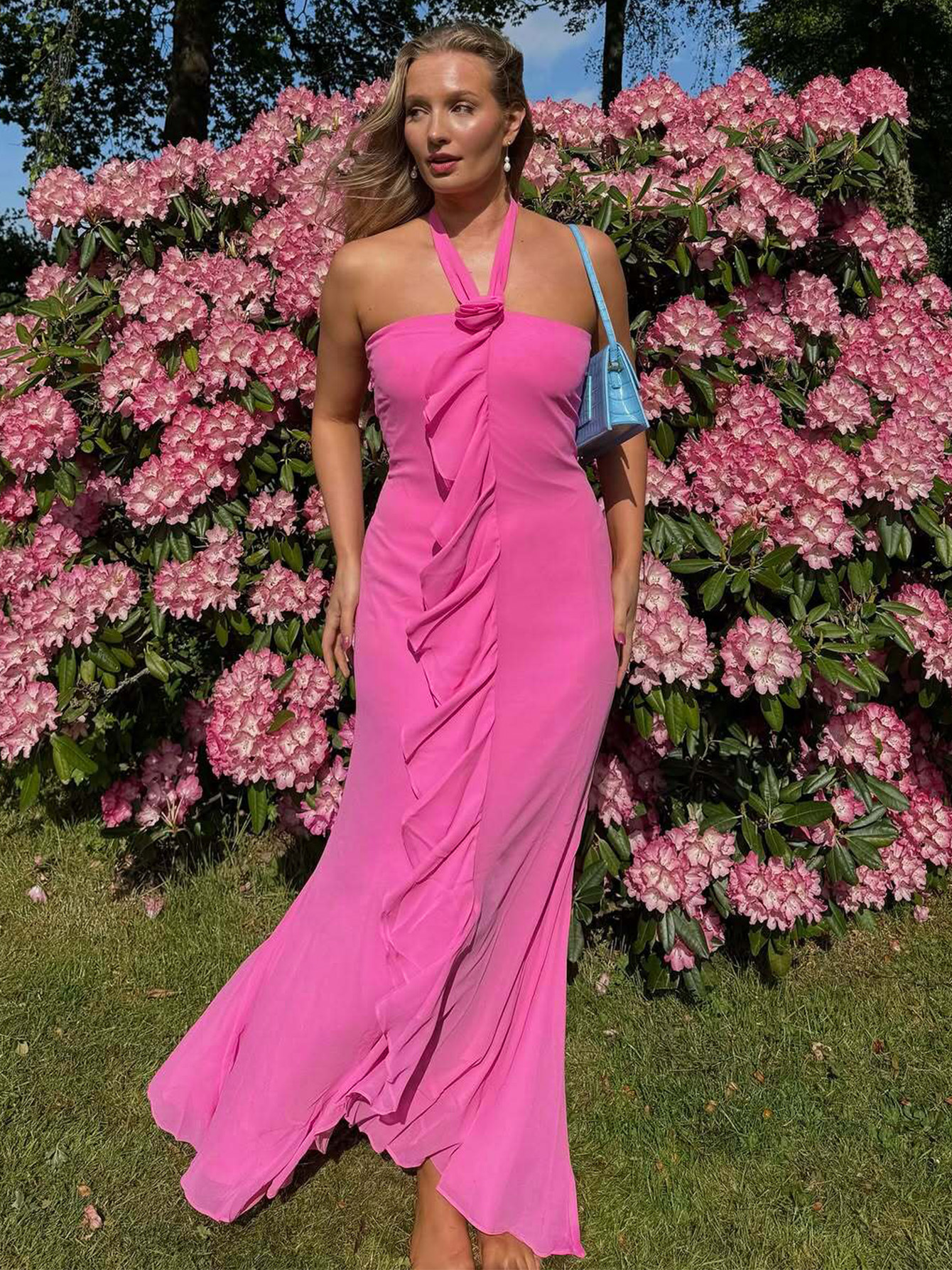 Net Mesh Ruffle Neckline Floral Dress