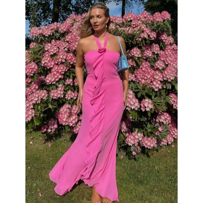 Net Mesh Ruffle Neckline Floral Dress 02