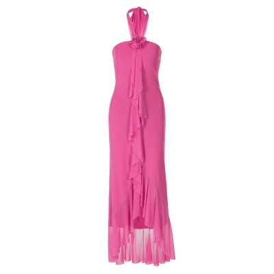 Net Mesh Ruffle Neckline Floral Dress 01