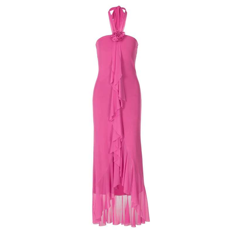 Net Mesh Ruffle Neckline Floral Dress