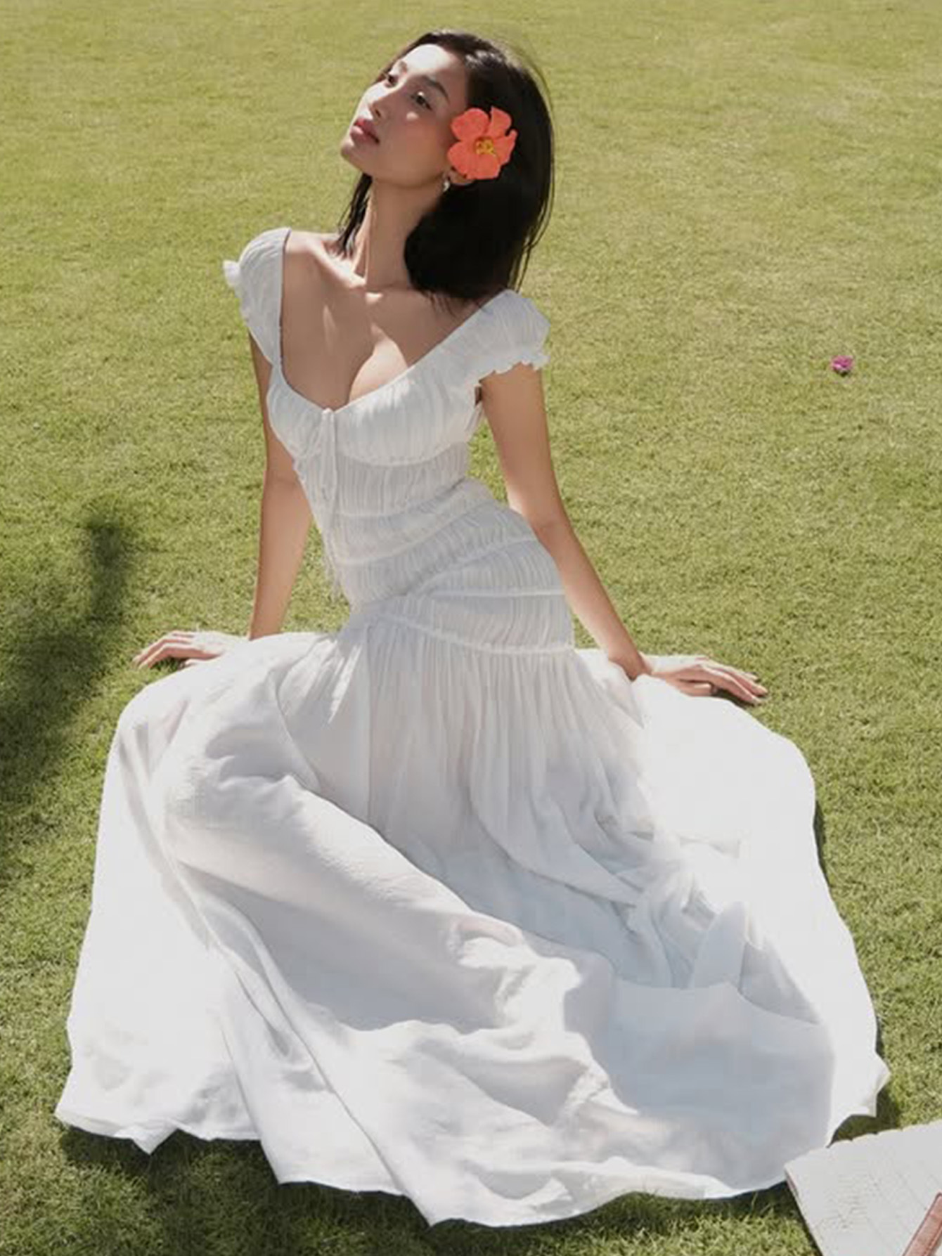 Pleated Insert - Sleeve Fitted Textured Crepe Fresh - style Dress