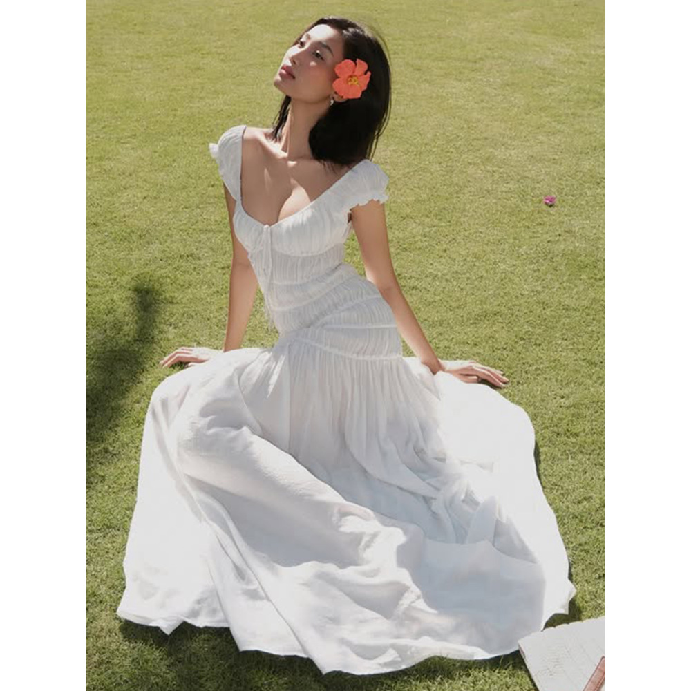 Pleated Insert - Sleeve Fitted Textured Crepe Fresh - style Dress