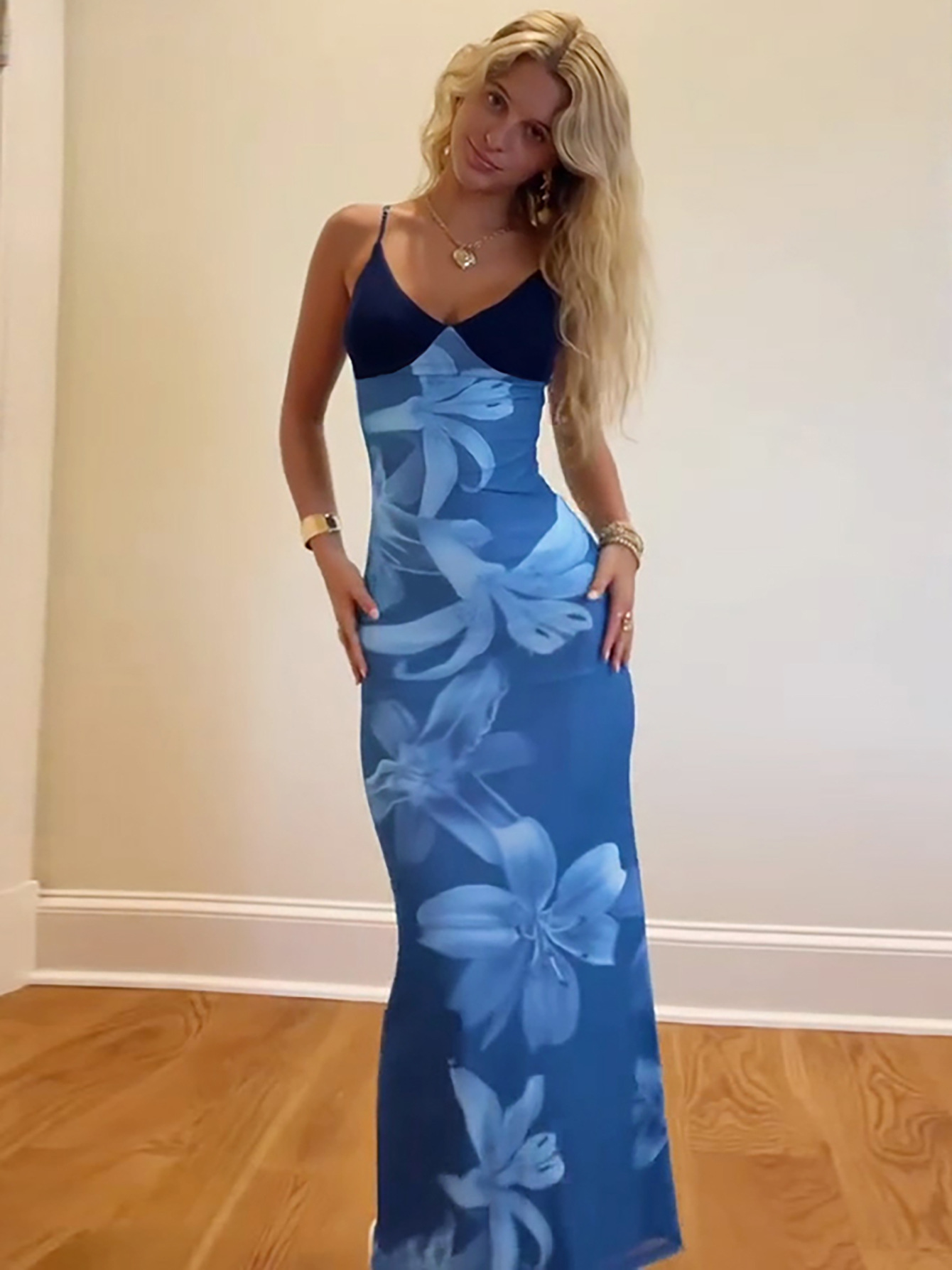 Sexy V-Neck Print Mesh Dress