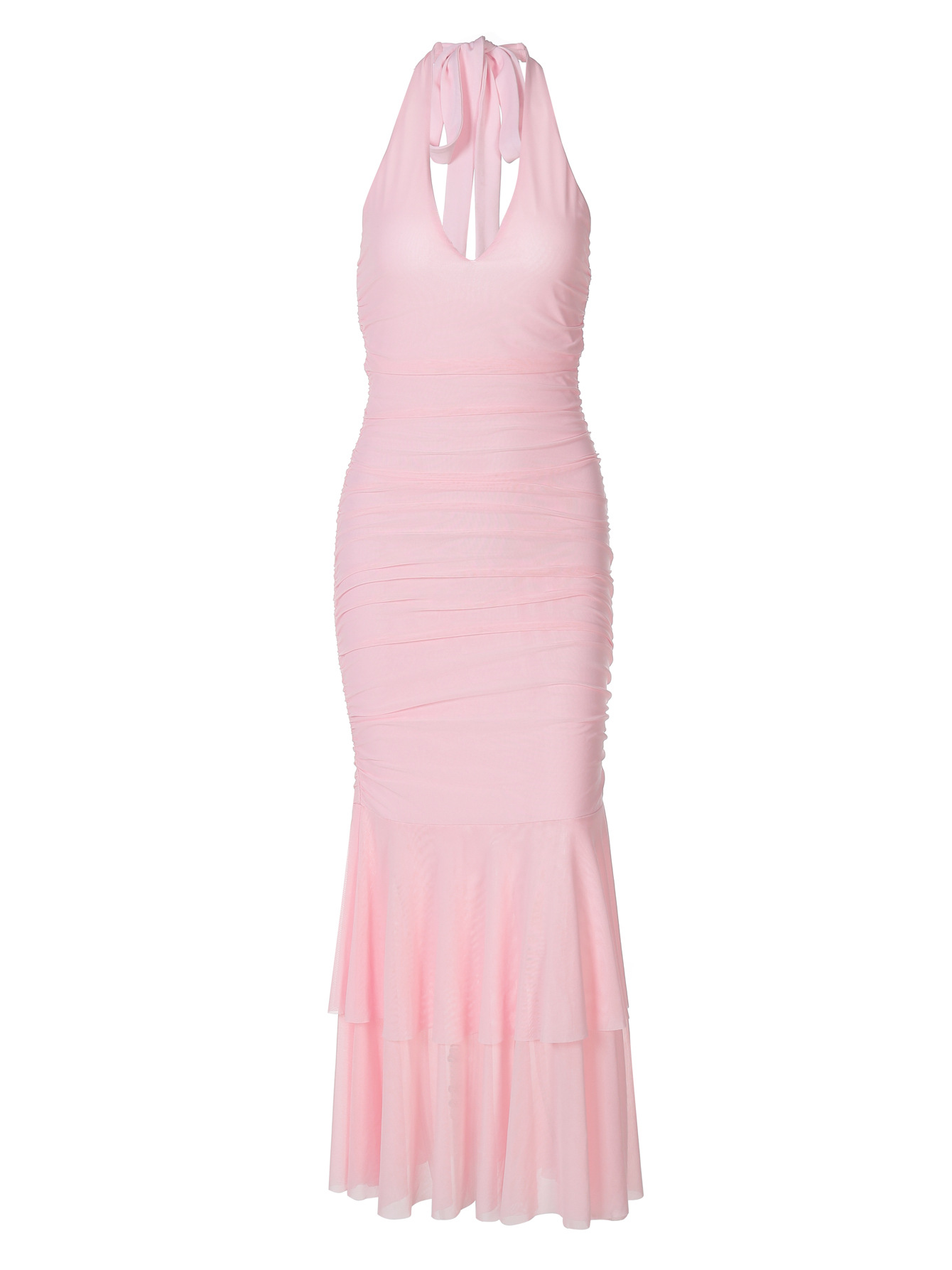 Solid - Color Pleated Waist - Cinched Layered Ruffle Halter Dress 