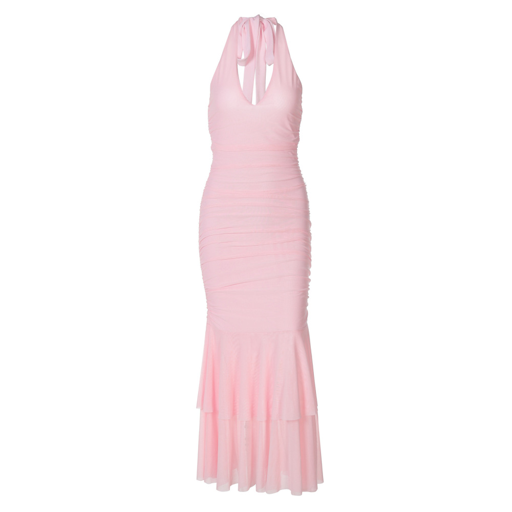 Solid - Color Pleated Waist - Cinched Layered Ruffle Halter Dress 