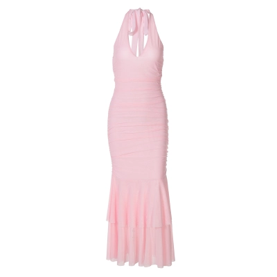 Solid - Color Pleated Waist - Cinched Layered Ruffle Halter Dress  01