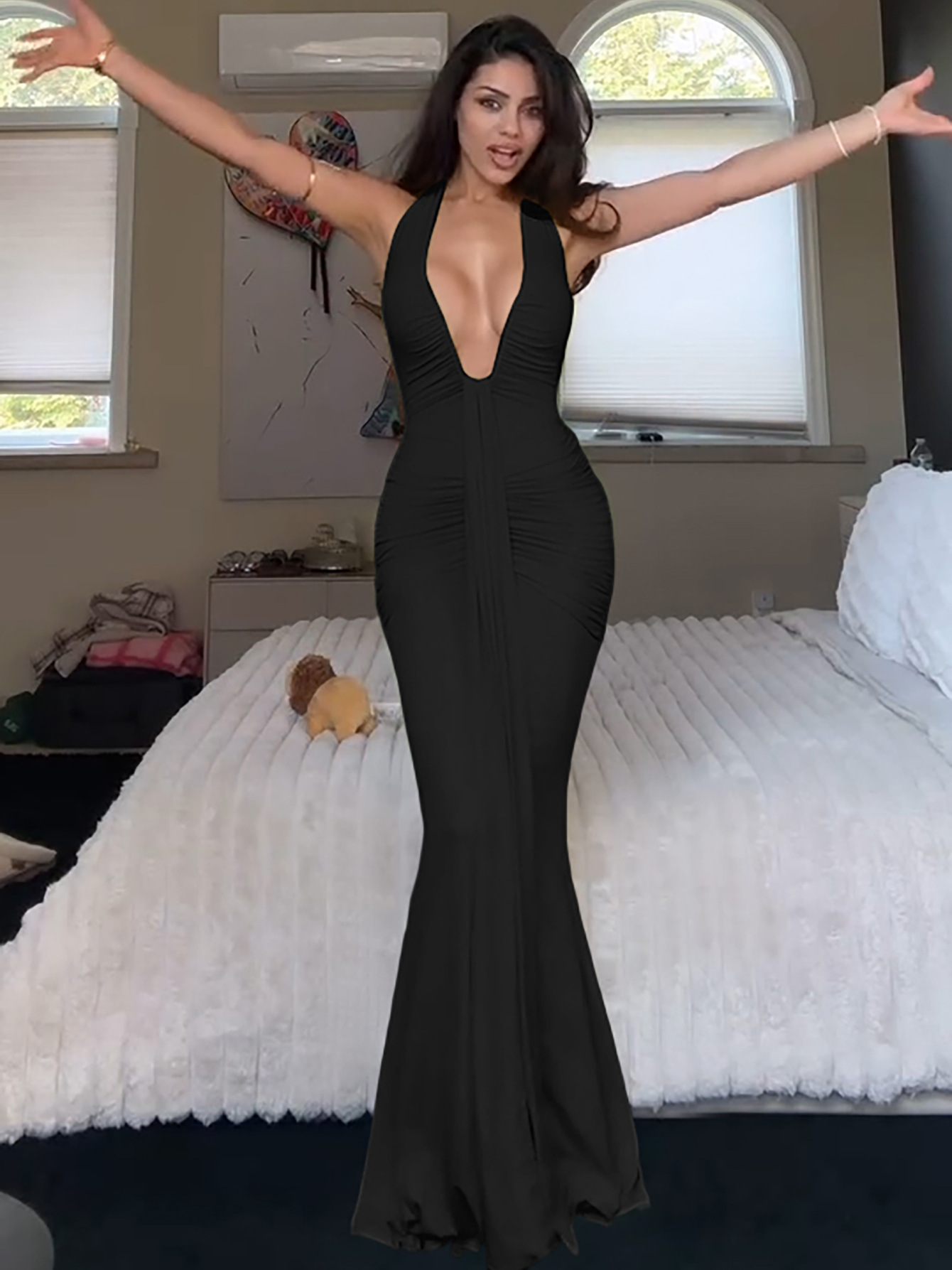 Hollow - Out U - Neck Backless Slim Pleated Spliced Tie - Neck Dress