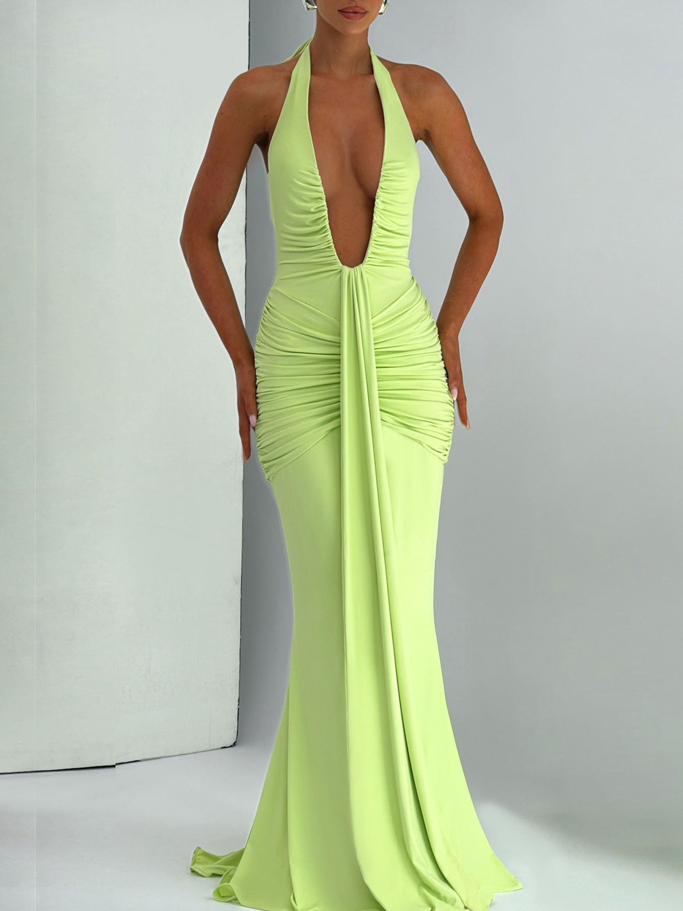 Hollow - Out U - Neck Backless Slim Pleated Spliced Tie - Neck Dress