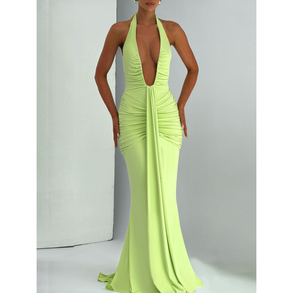 Hollow - Out U - Neck Backless Slim Pleated Spliced Tie - Neck Dress