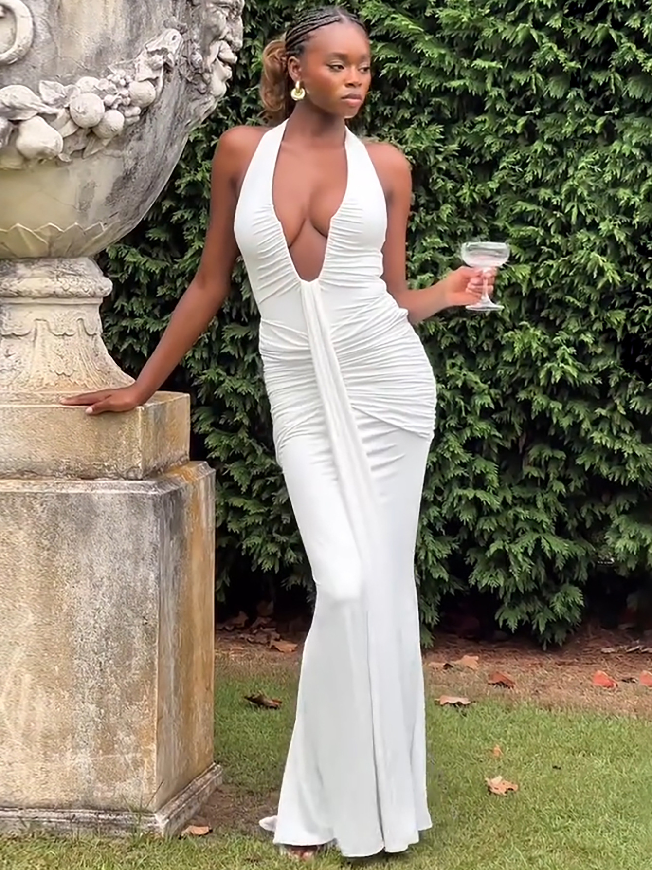 Hollow - Out U - Neck Backless Slim Pleated Spliced Tie - Neck Dress