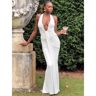 Hollow - Out U - Neck Backless Slim Pleated Spliced Tie - Neck Dress 02