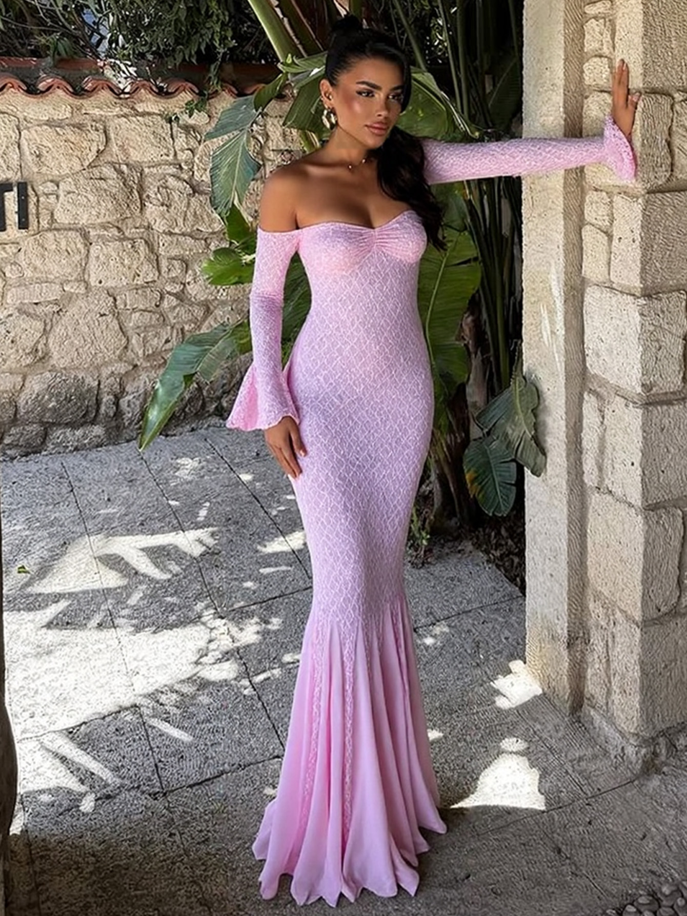 Off - the - Shoulder Lace - Spliced Fishtail Maxi Dress